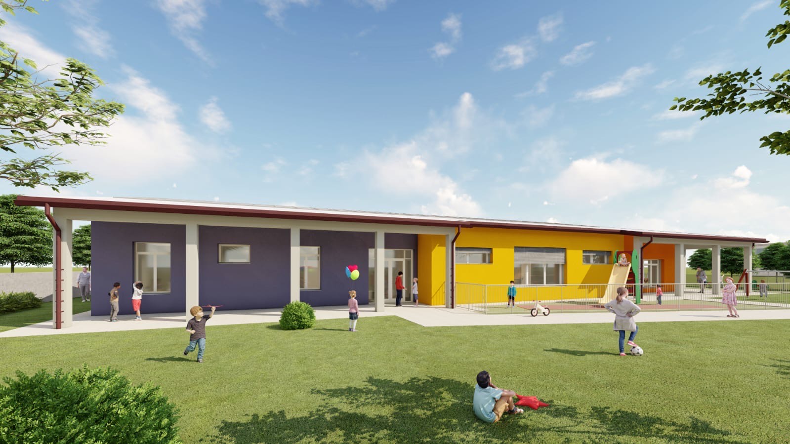 Render del rifacimento del polo scolastico Gussola. Esterno scuola, giardino con bambini che giocano.