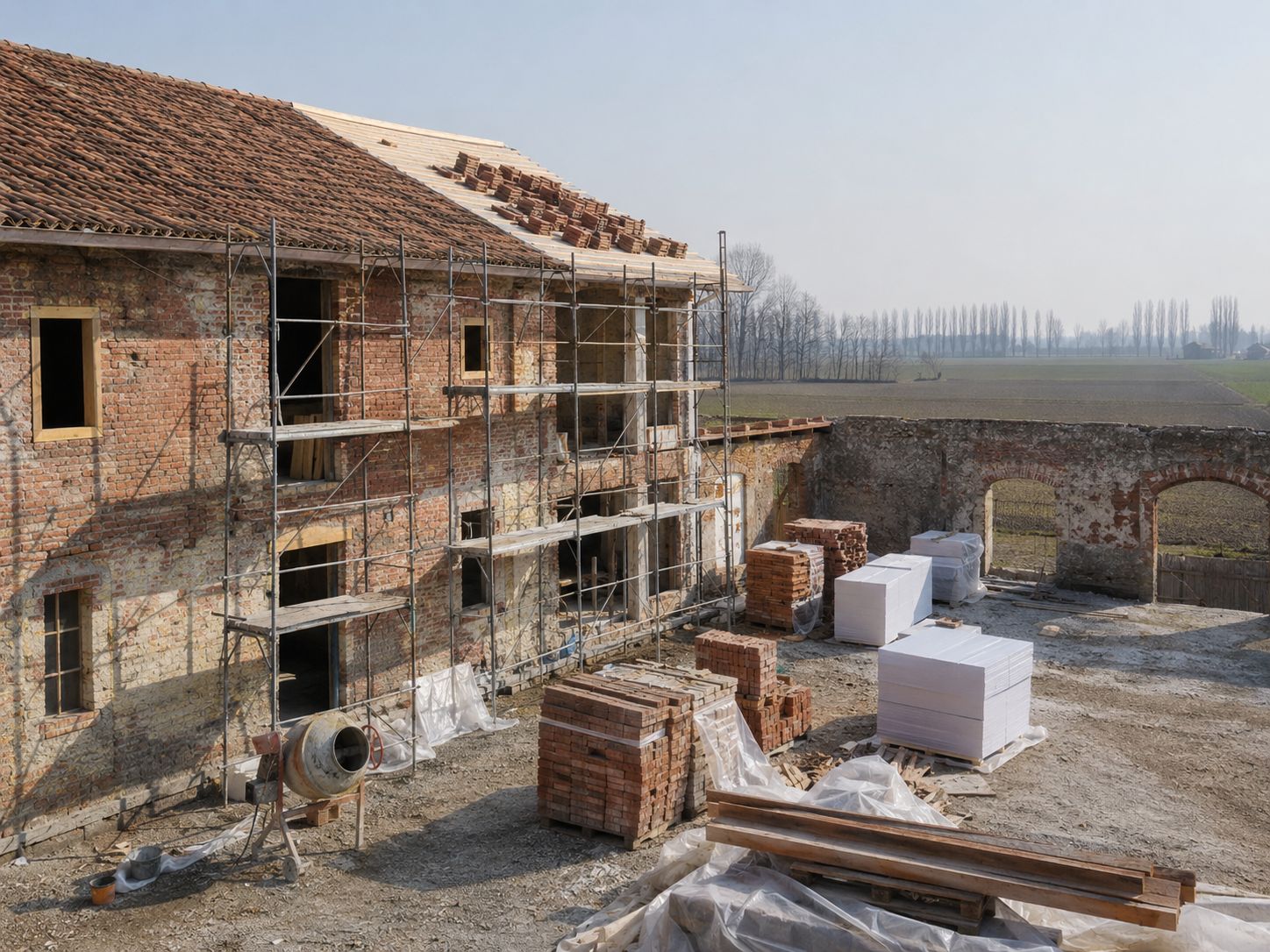 Cascina padana in ristrutturazione. Immagine generata con IA