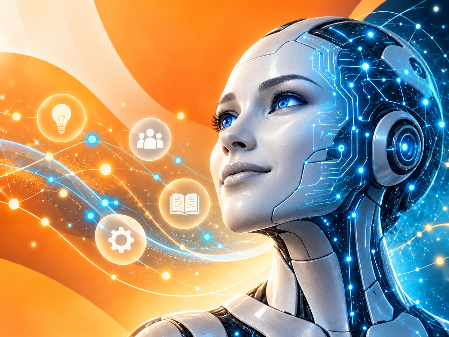 Grafica che mostra un robot davanti ad uno sfondo multicolore